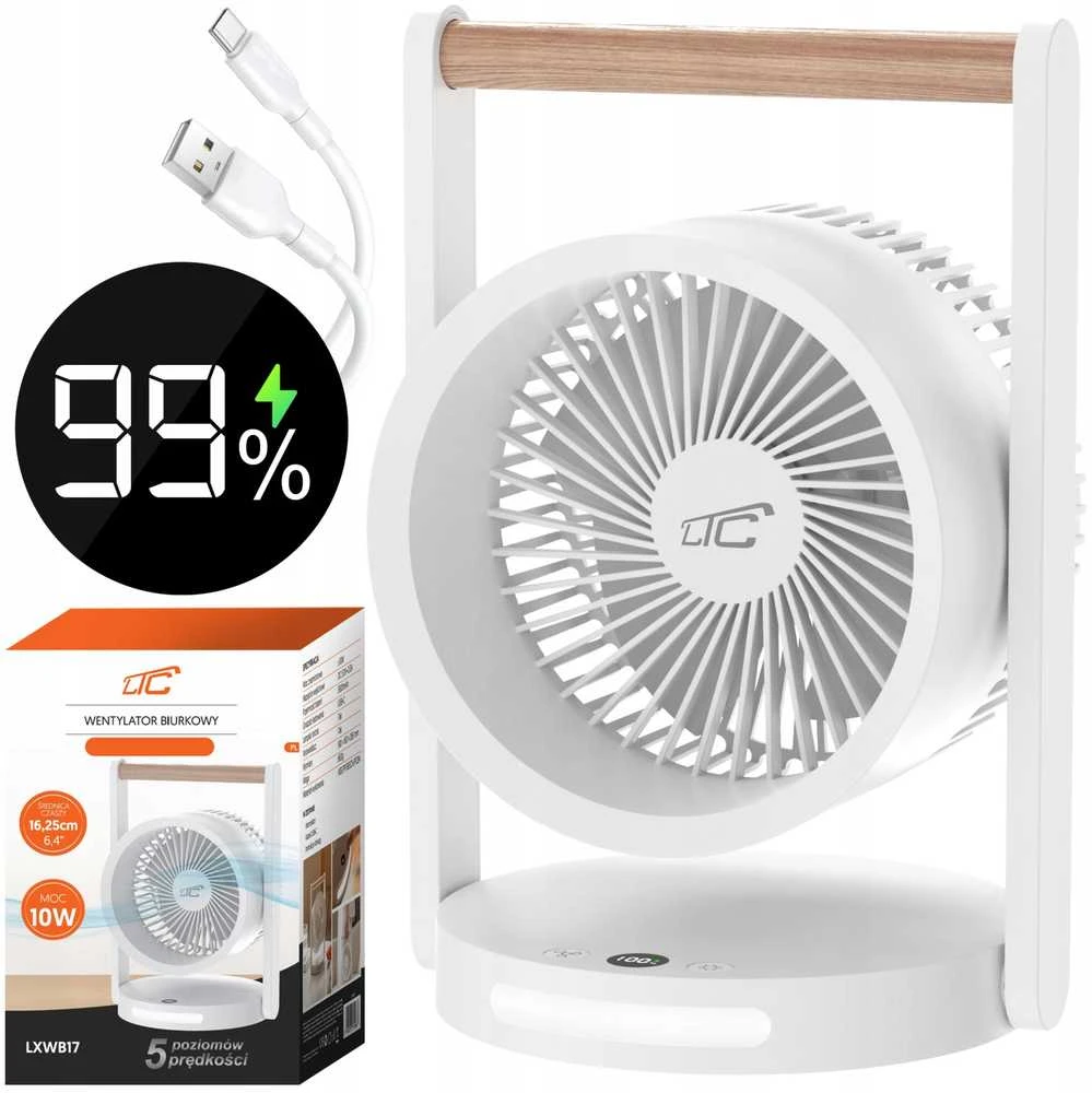 LTC Ventiliatorius stalinis ventiliatorius su medine rankena, greičio lygiais, naktine lempute, ekranu, įkrovimo indikatoriumi, įkrovimu per USB C, 10 W, 3600 mAh, 6,4 colio
