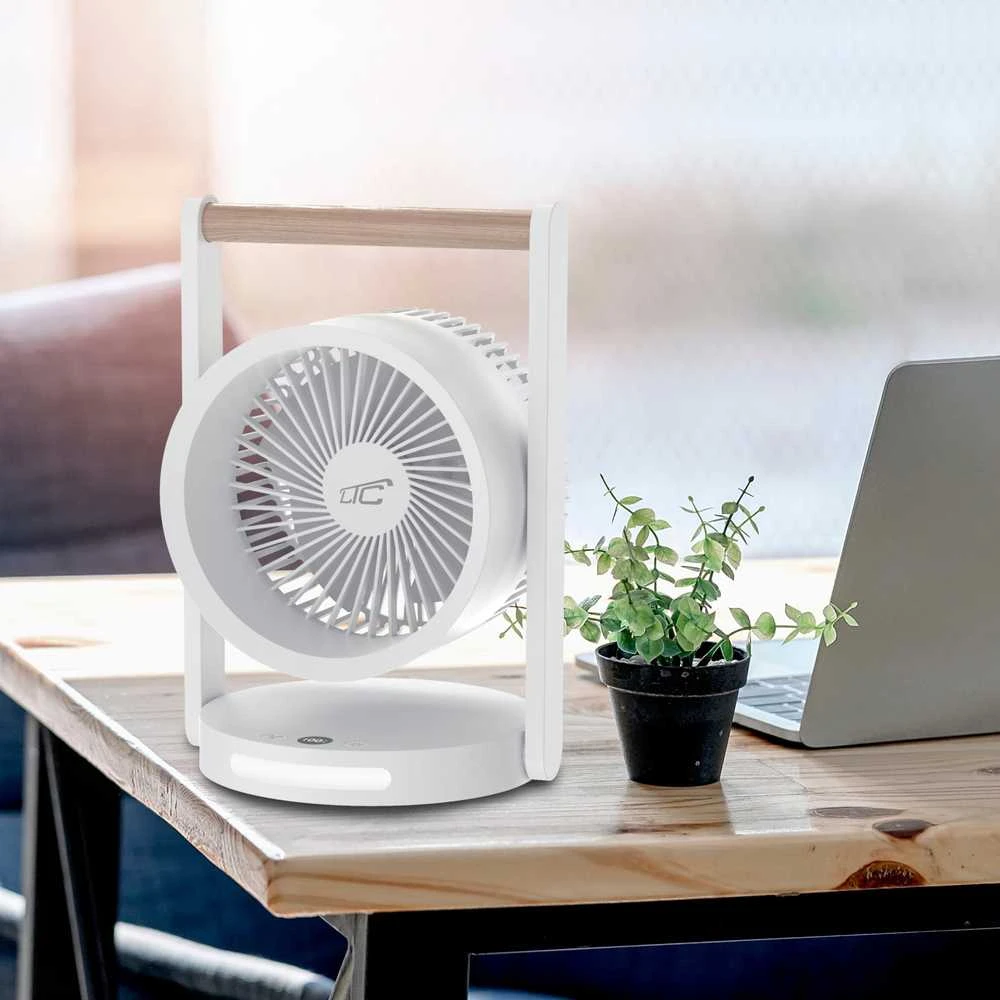 LTC Ventiliatorius stalinis ventiliatorius su medine rankena, greičio lygiais, naktine lempute, ekranu, įkrovimo indikatoriumi, įkrovimu per USB C, 10 W, 3600 mAh, 6,4 colio