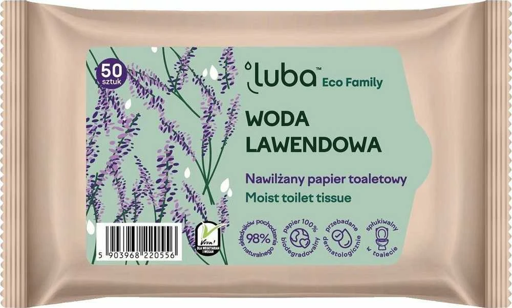 Luba Eco Family šlapias tualetinis popierius su levandų vandeniu 50 vnt.