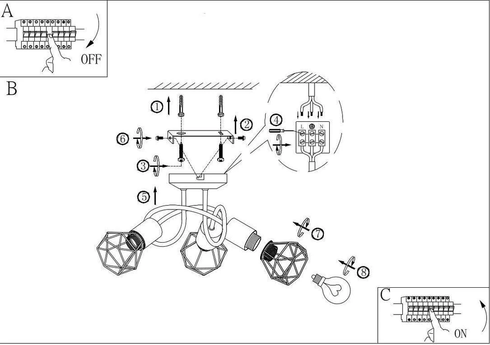 Globo Toys „Globo Wire“ lubinis šviestuvas XARA I 54802S-3D, pramoninė lubinė lempa, metalinė lubinė lempa su juodais strypais