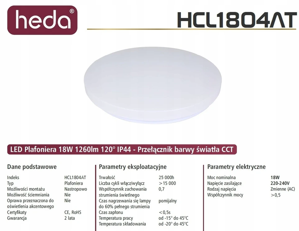 Heda lubinis šviestuvas LED ŠVIESTUVAS Lubinis šviestuvas 18W 3000K/4000K/6000K IP44 CCT HCL1804AT