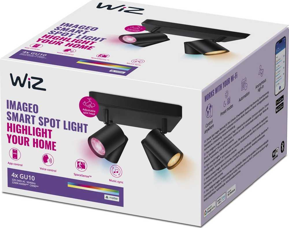 Lampa sufitowa Signify WiZ IMAGEO 4erSpots Deckenleu quadrat Tunable Baltas&Color Schw