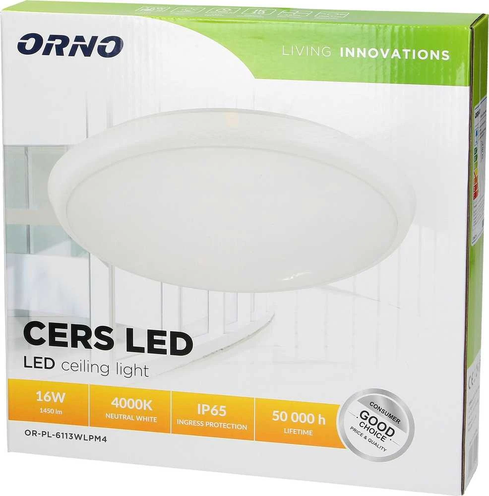Orno CERS LED 16W, lubinis šviestuvas, 1300lm, IP65, 4000K, matinis polikarbonatas, baltas