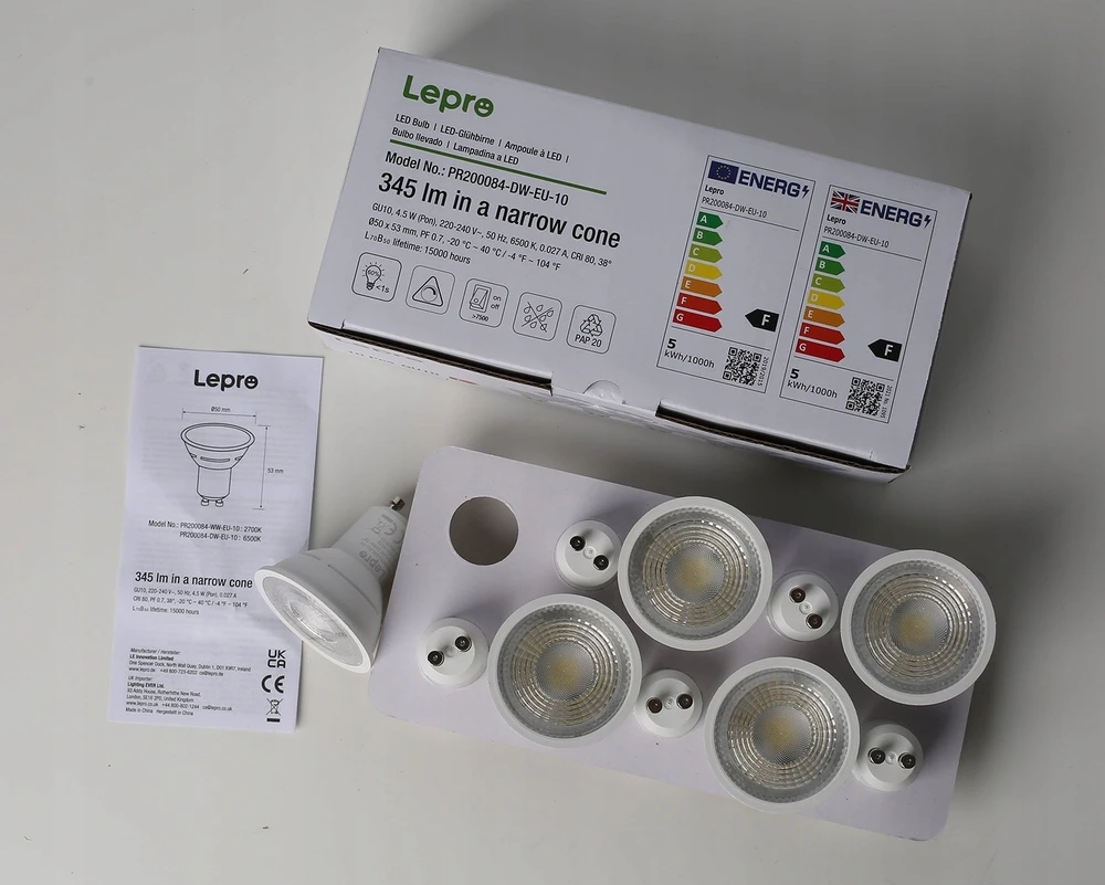 LEPRO 200084-DW-EU-10 GU10 Dimmable LED Bulb, 4.5W, 345 lm, 6500K, 38°, 10 pcs.