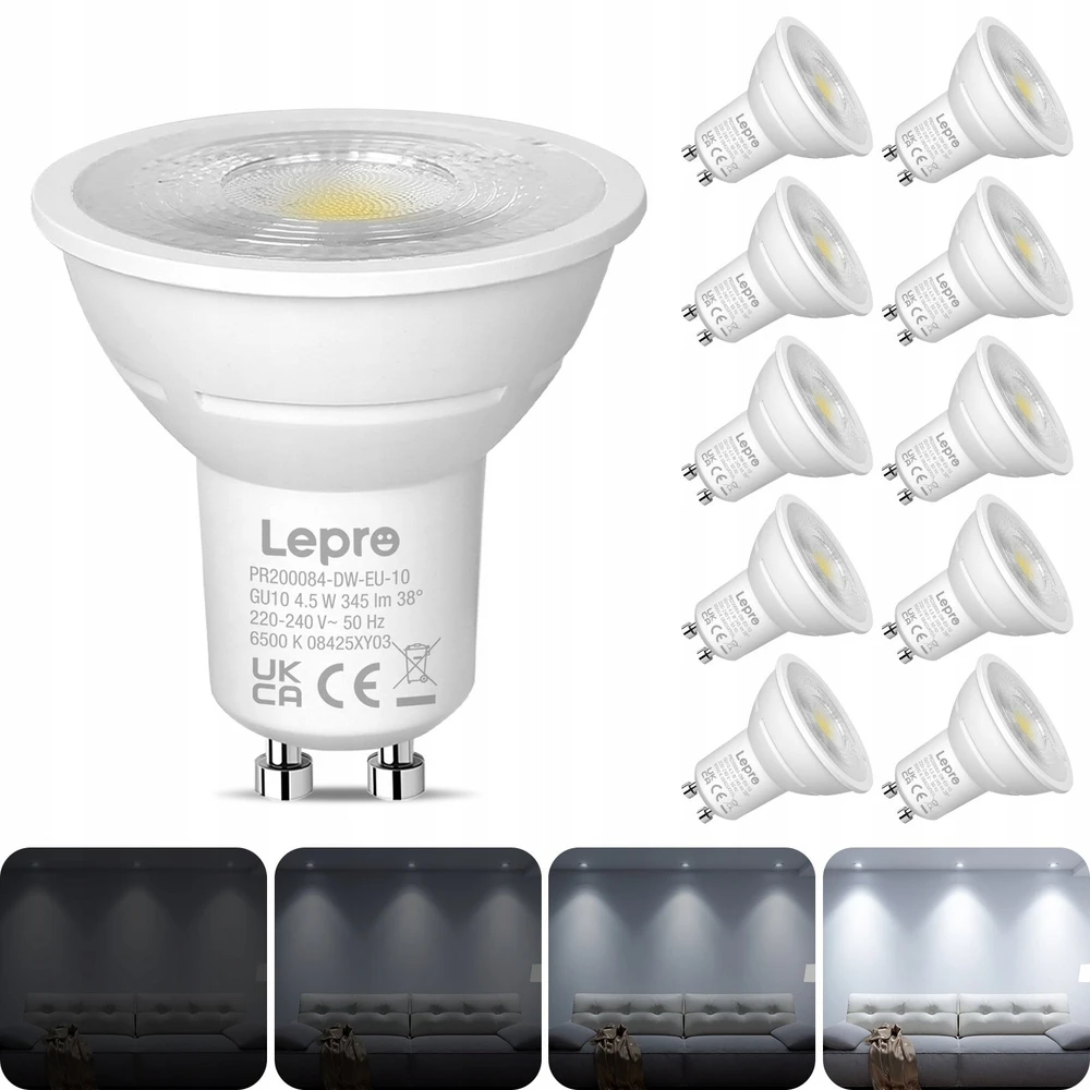 LEPRO 200084-DW-EU-10 GU10 Dimmable LED Bulb, 4.5W, 345 lm, 6500K, 38°, 10 pcs.