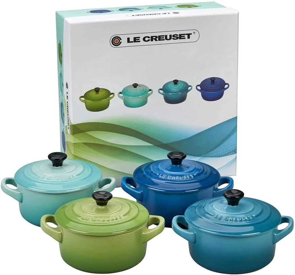 Lumarko Le Creuset keramikos rinkinys (4 maži puodai, 10x5 cm), vandenyno spalvos