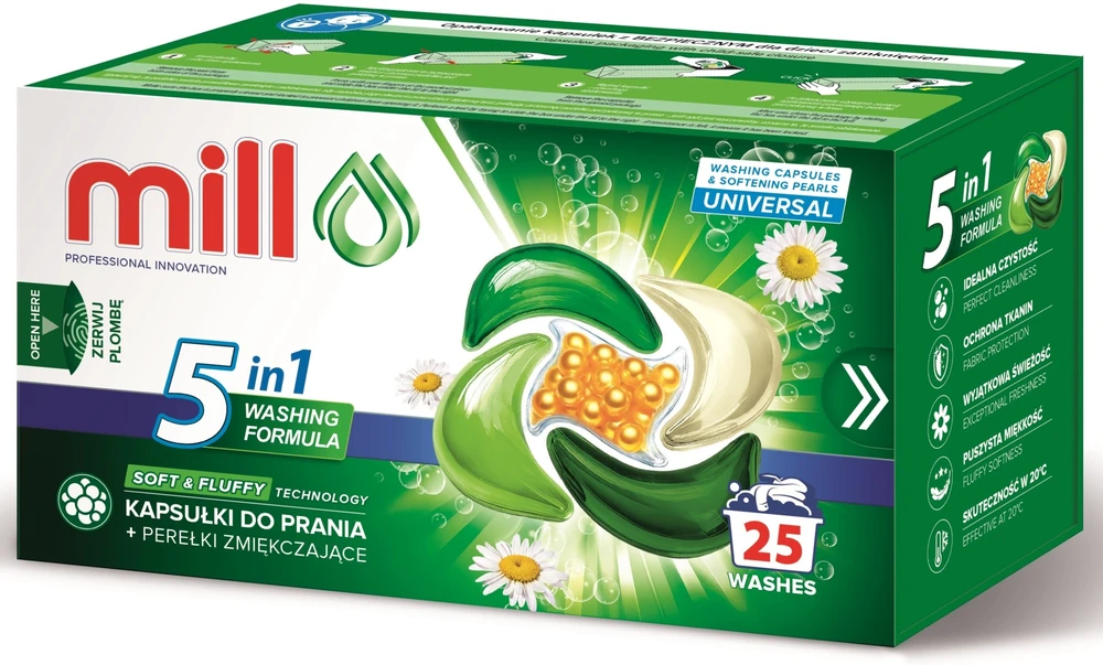 Madonis MILL PRO 5k skalbimo kapsulės + UNIVERSAL minkštinimo granulės, 25 vnt.