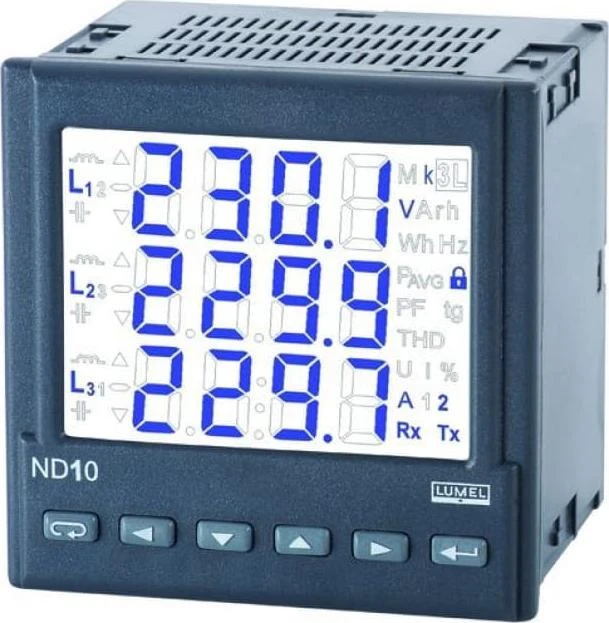 Lumel 3 fazių tinklo skaitiklis, I įėjimas 5A, U įėjimas 3x230/400V, išėjimas RS-485 sąsaja, KJ ND10 22100P1 sertifikatas