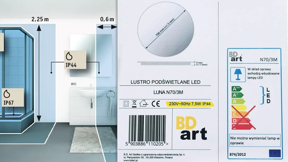 Masterjero BD meninis veidrodis Luna II apvalus vonios veidrodis su LED apšvietimu, 60 cm skersmens