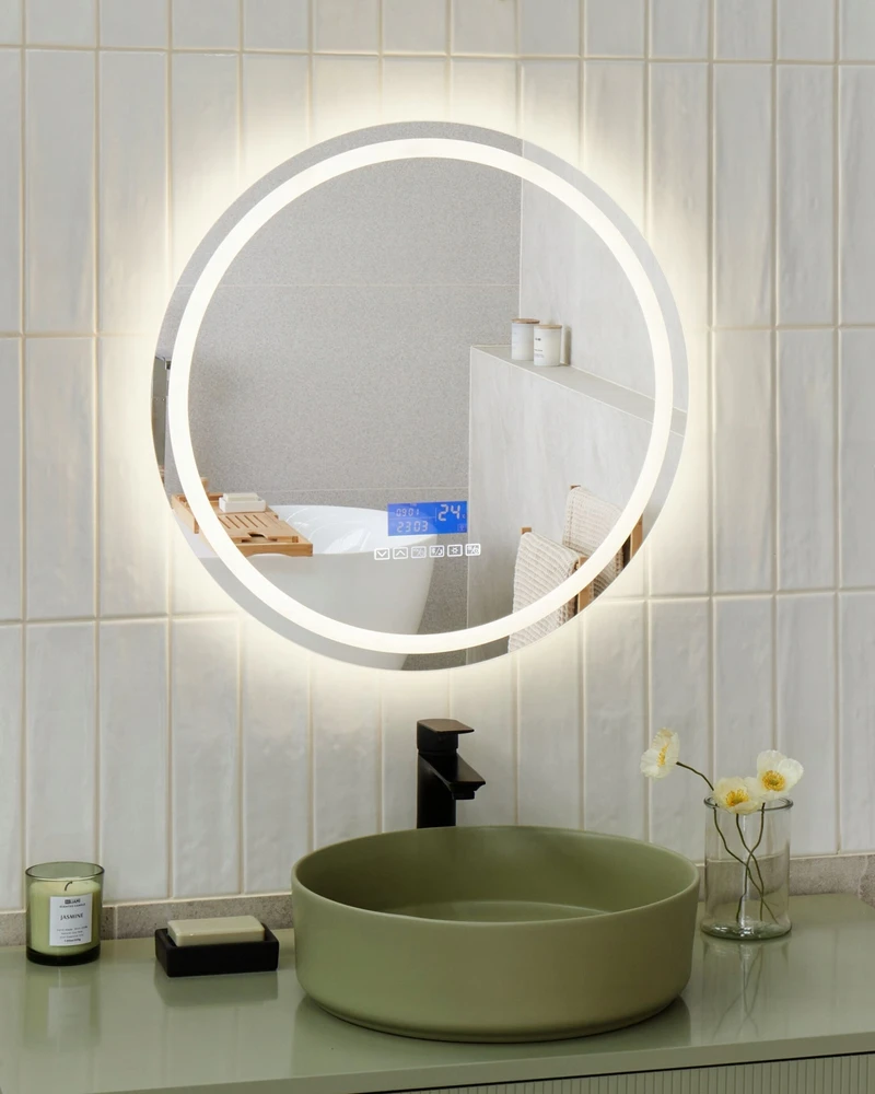 Beliani Vonios veidrodis su LED apšvietimu BROGNON 60 cm, integruotas „Bluetooth“ garsiakalbis, sidabrinis
