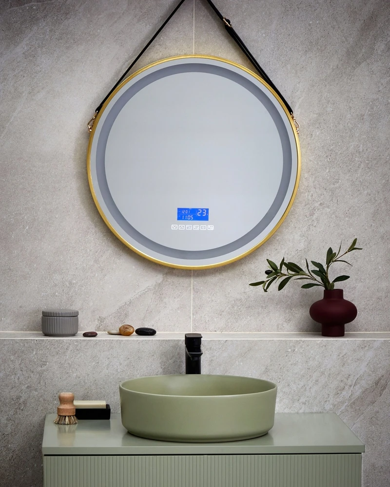 Beliani LED vonios veidrodis DAROIS 60 cm x 60 cm su integruotu Bluetooth garsiakalbiu, auksinis