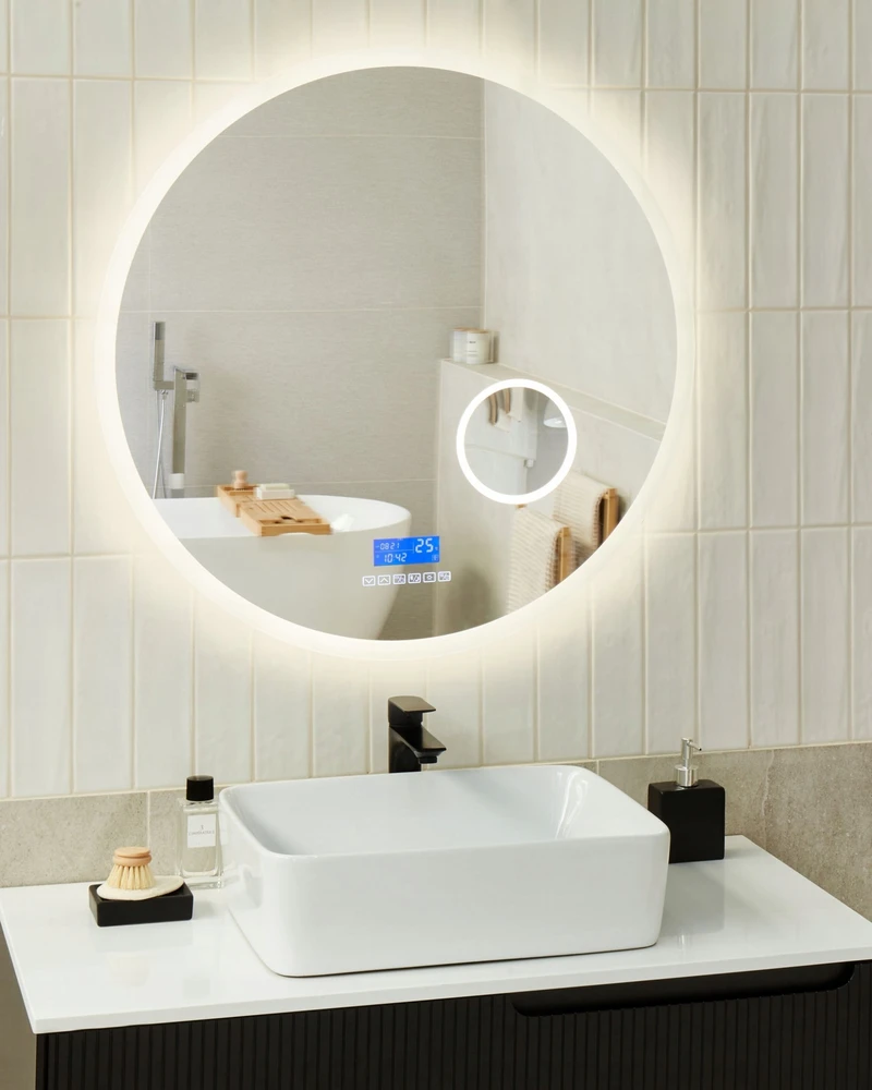 Beliani Vonios veidrodis LED FIXIN 80 cm 80 cm su integruotu Bluetooth garsiakalbiu, sidabrinis