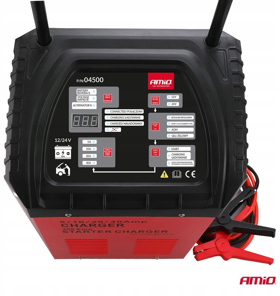 Akumuliatoriaus įkroviklis su užvedimo funkcija 12/24V MAX 40A, startas 300A, AMIO-04500