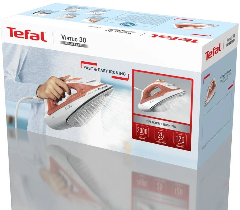 Tefal Virtuo 30 FV2C40E0 iron Dry & Garų lygintuvas Ceramic soleplate 2000 W Peach, Baltas