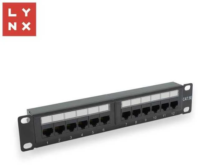 LYNX 10" komutacinė panelė, 12 prievadų, UTP Cat5e, 50µ, neekranuota, juoda
