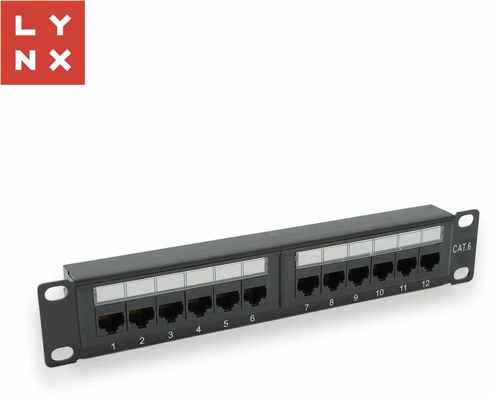 LYNX 10" komutacinė panelė, 12 prievadų, UTP Cat6, 50µ, neekranuota, juoda