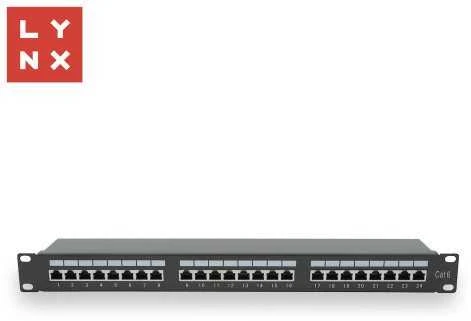 LYNX 19" komutacinė panelė, 24 prievadų, STP Cat6, 50µ, ekranuota, juoda