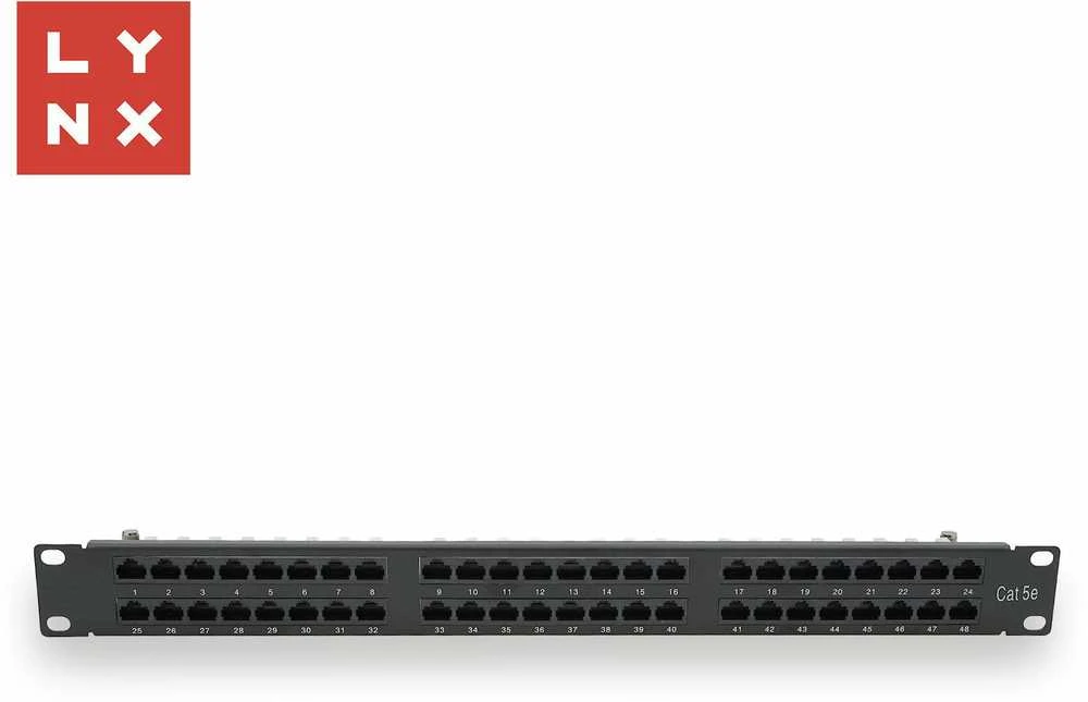 LYNX 19" komutacinė panelė, 48 prievadų, UTP Cat5e, 50µ, neekranuota, juoda