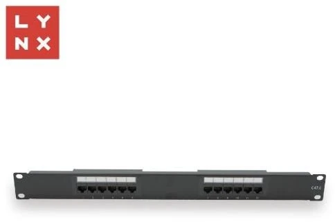 LYNX 19" komutacinė panelė, 12 prievadų, UTP Cat6, 50µ, neekranuota, juoda