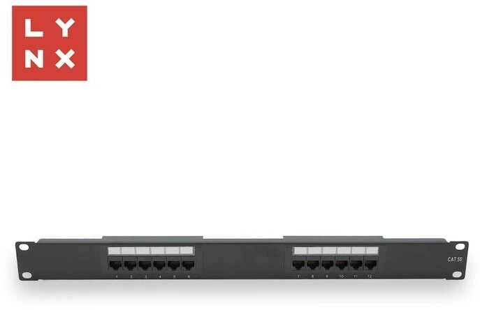 LYNX 19" komutacinė panelė, 12 prievadų, UTP Cat5e, 50µ, neekranuota, juoda