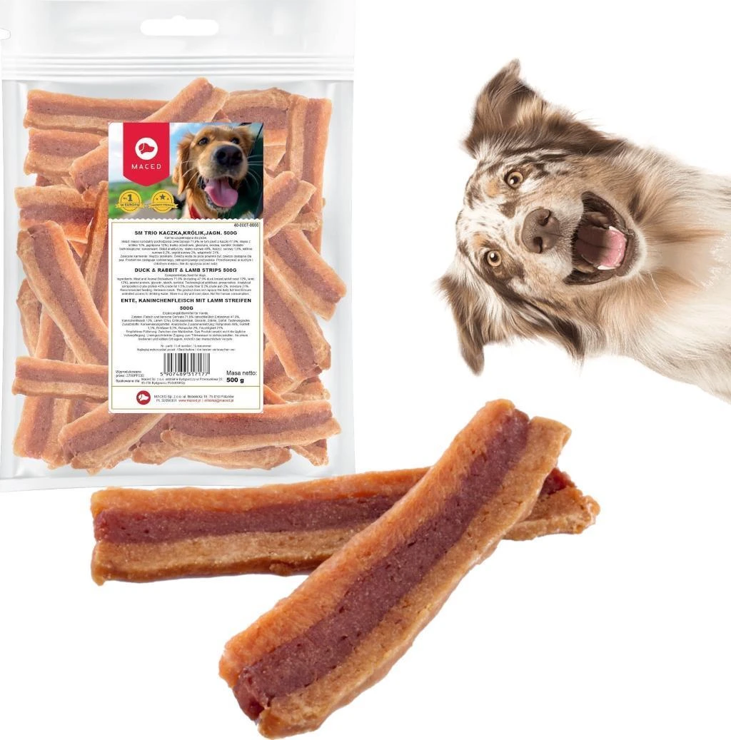 MACED Anties, triušio ir ėrienos juostelės - Gardėsis šuniui - 500g