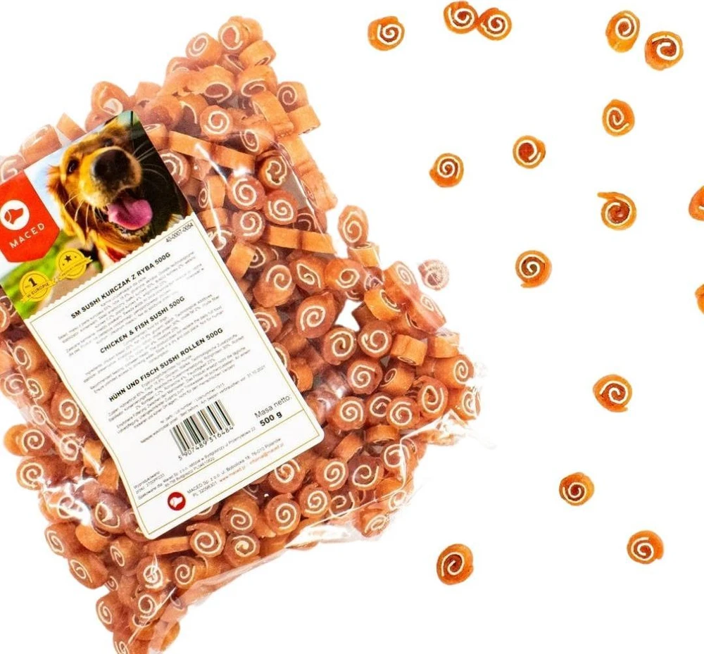 Maced Makaronuose troškinti sušiai su vištiena ir žuvimi 500g