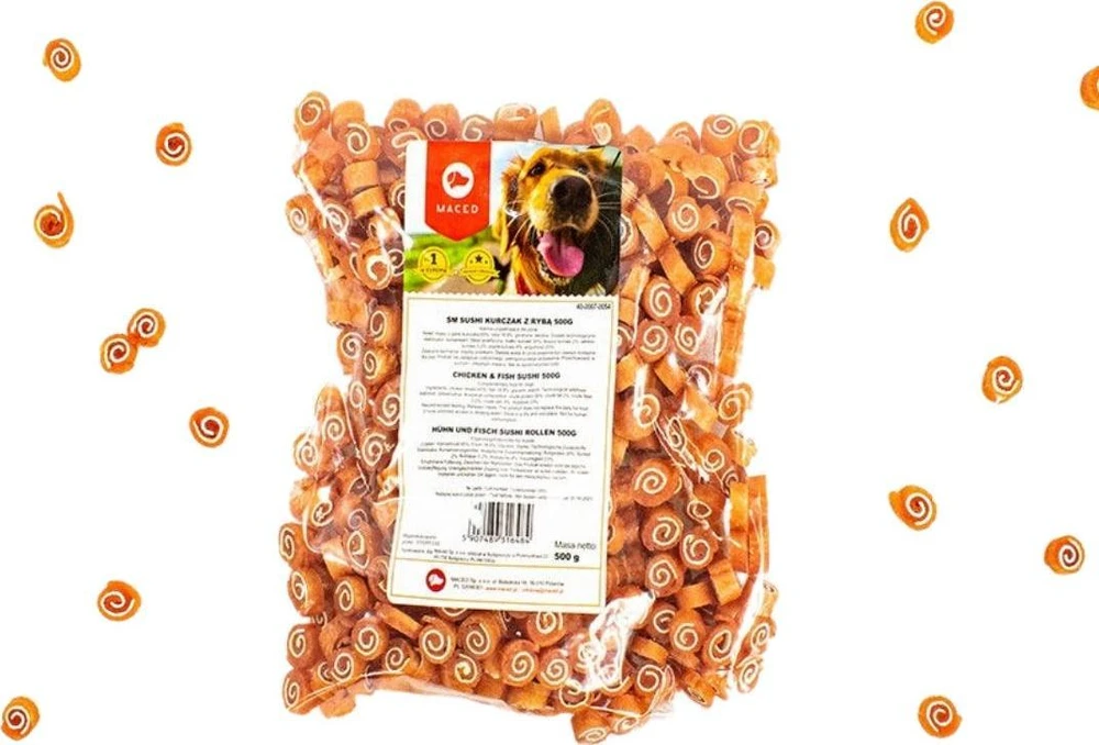 Maced Makaronuose troškinti sušiai su vištiena ir žuvimi 500g