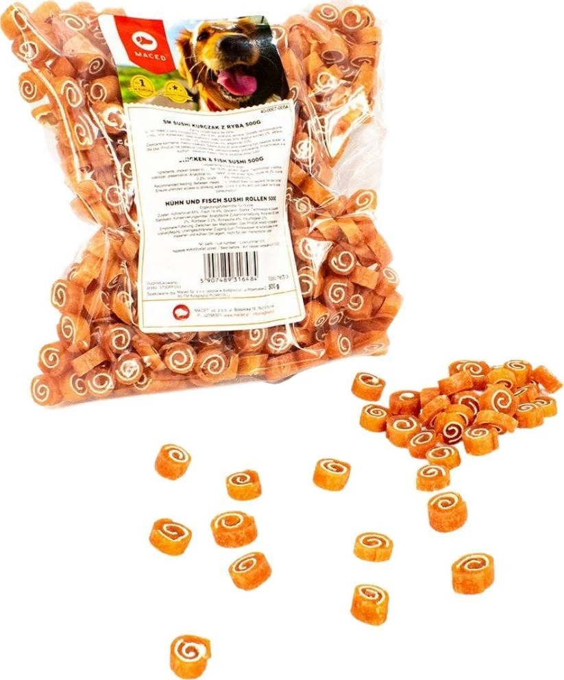 Maced Makaronuose troškinti sušiai su vištiena ir žuvimi 500g