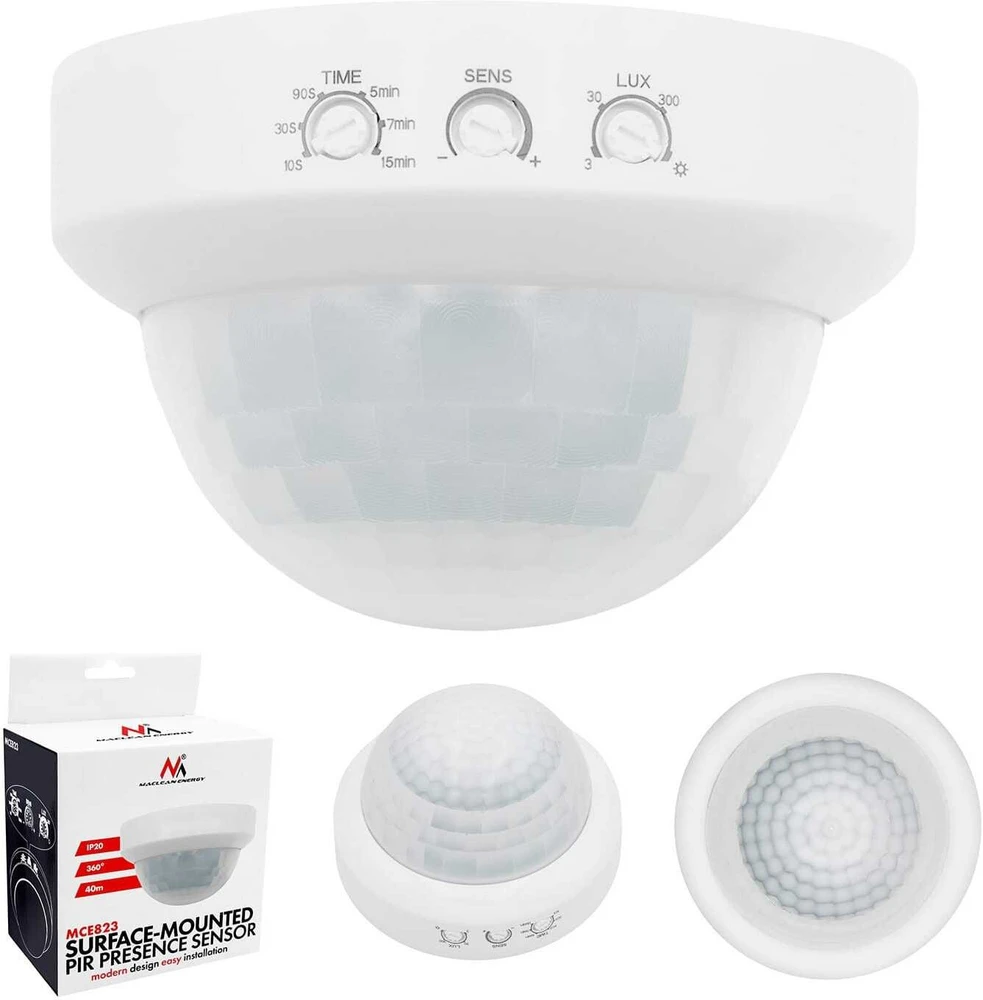 PIR judesio jutiklis Maclean, montuojamas ant paviršiaus, veikimo nuotolis 10x40 m, 1000 W/2000 W, 220–240 V AC, 50/60 Hz, MCE823