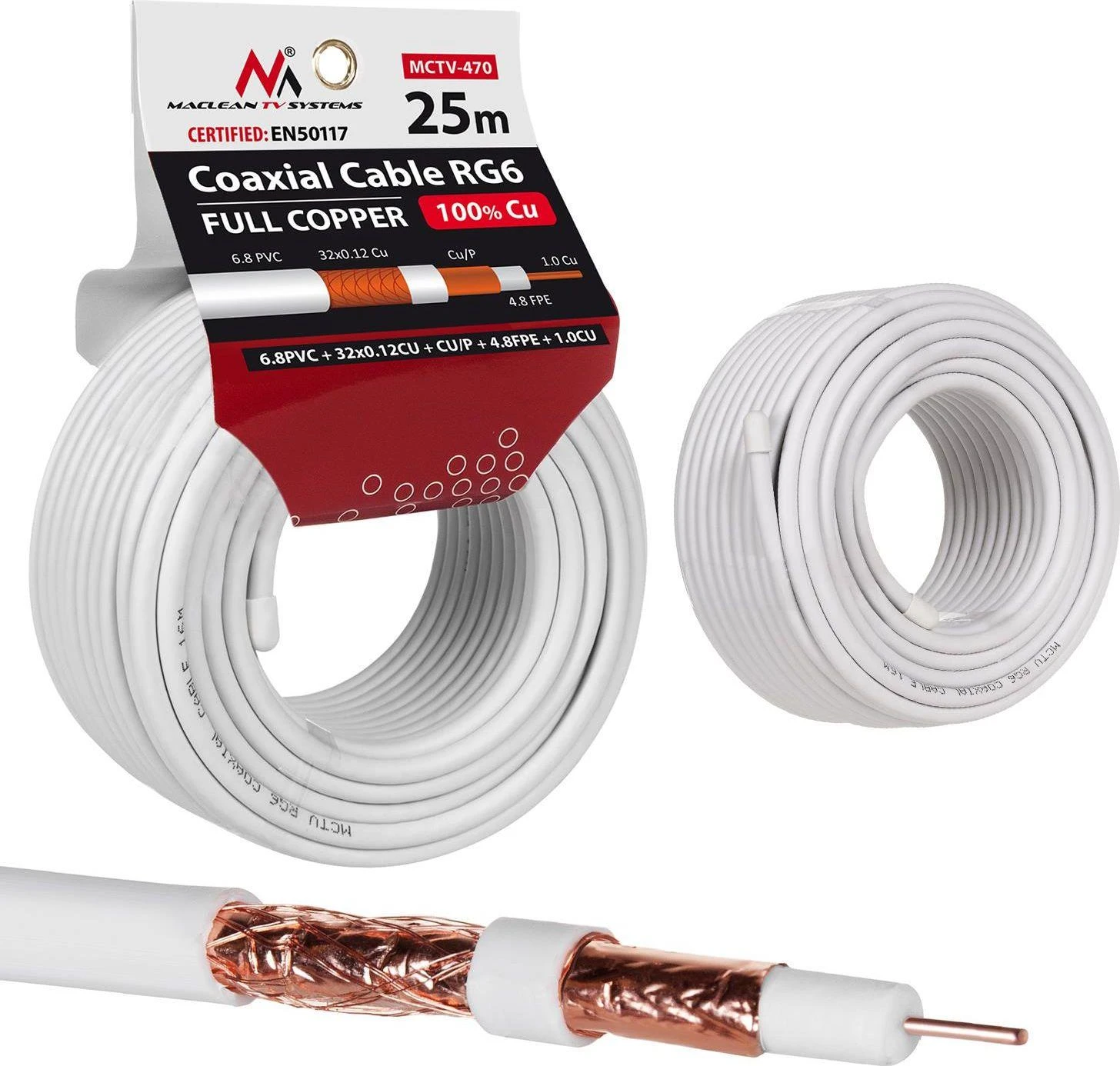 MACLEAN MCTV-470 Maclean MCTV-470 kabelis, vėliavėlės kabelis RG6 25M 1.02CU+4.8FPE+CU/P+32*0.12CU+6.8PVC