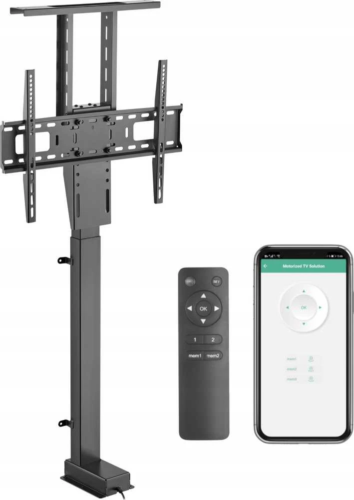 „Maclean MC-866T“ išmanusis motorizuotas elektrinis televizoriaus keltuvas su TUYA mobiliąja programėle, grindų laikiklis, „Alexa“, „Google Home“, 37–80 colių, 60 kg spintelė, VESA (ES kištukas).