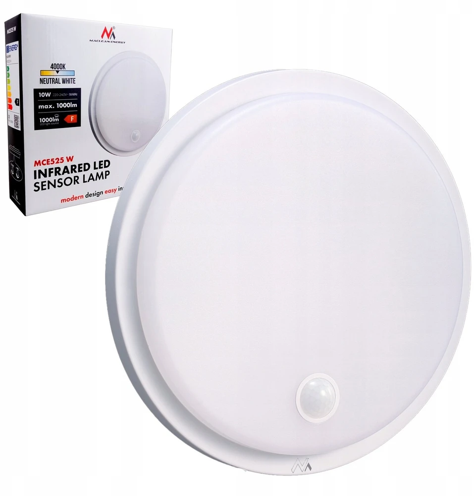 Lubinis šviestuvas „Maclean“ LED šviestuvas su judesio jutikliu, PIR jutikliu, baltas, 10 W, IP65, 1000 lm, neutrali spalva, MCE525 W