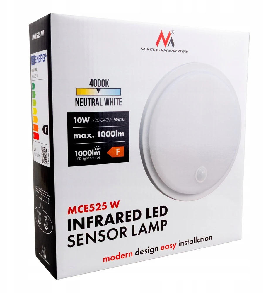 Lubinis šviestuvas „Maclean“ LED šviestuvas su judesio jutikliu, PIR jutikliu, baltas, 10 W, IP65, 1000 lm, neutrali spalva, MCE525 W