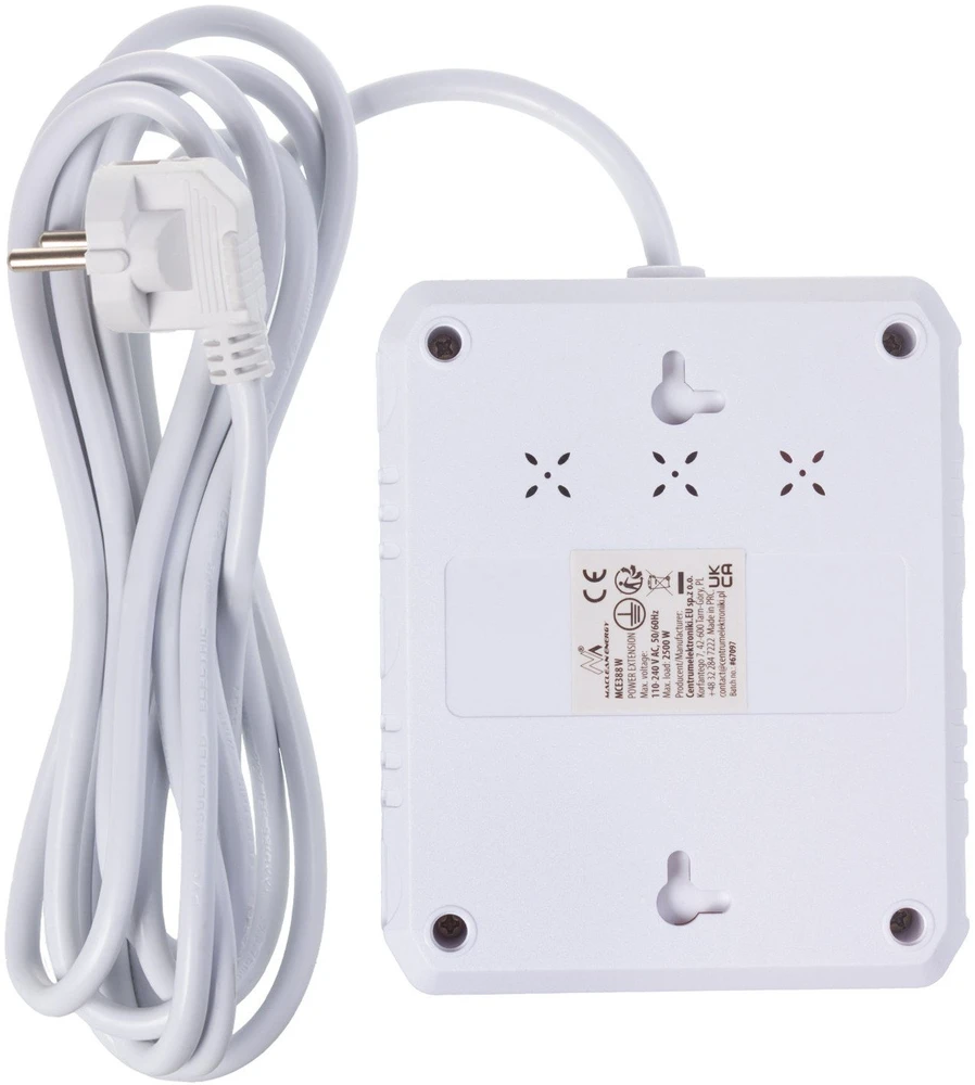 „Maclean“ maitinimo lizdas, ilgintuvas, 2 lizdai + 3xUSB, 110-240V AC 50/60Hz, 2.1A max 2500W, 3 m, baltas, MCE388 W