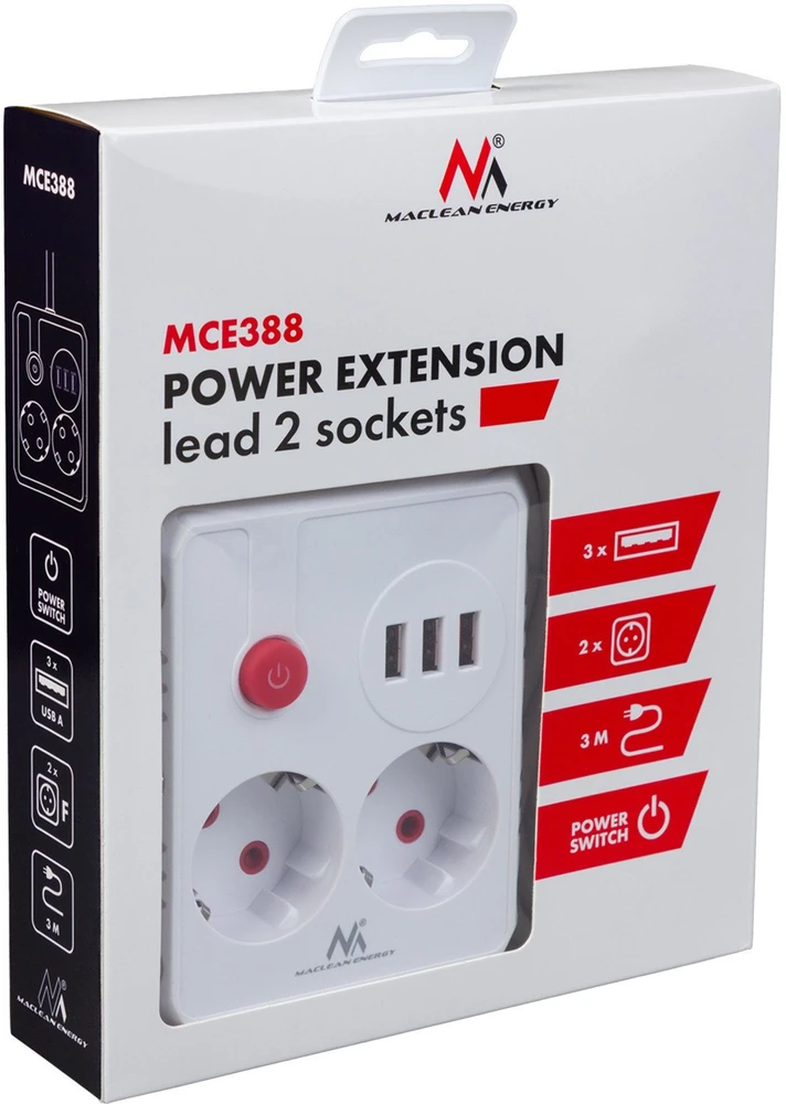 „Maclean“ maitinimo lizdas, ilgintuvas, 2 lizdai + 3xUSB, 110-240V AC 50/60Hz, 2.1A max 2500W, 3 m, baltas, MCE388 W