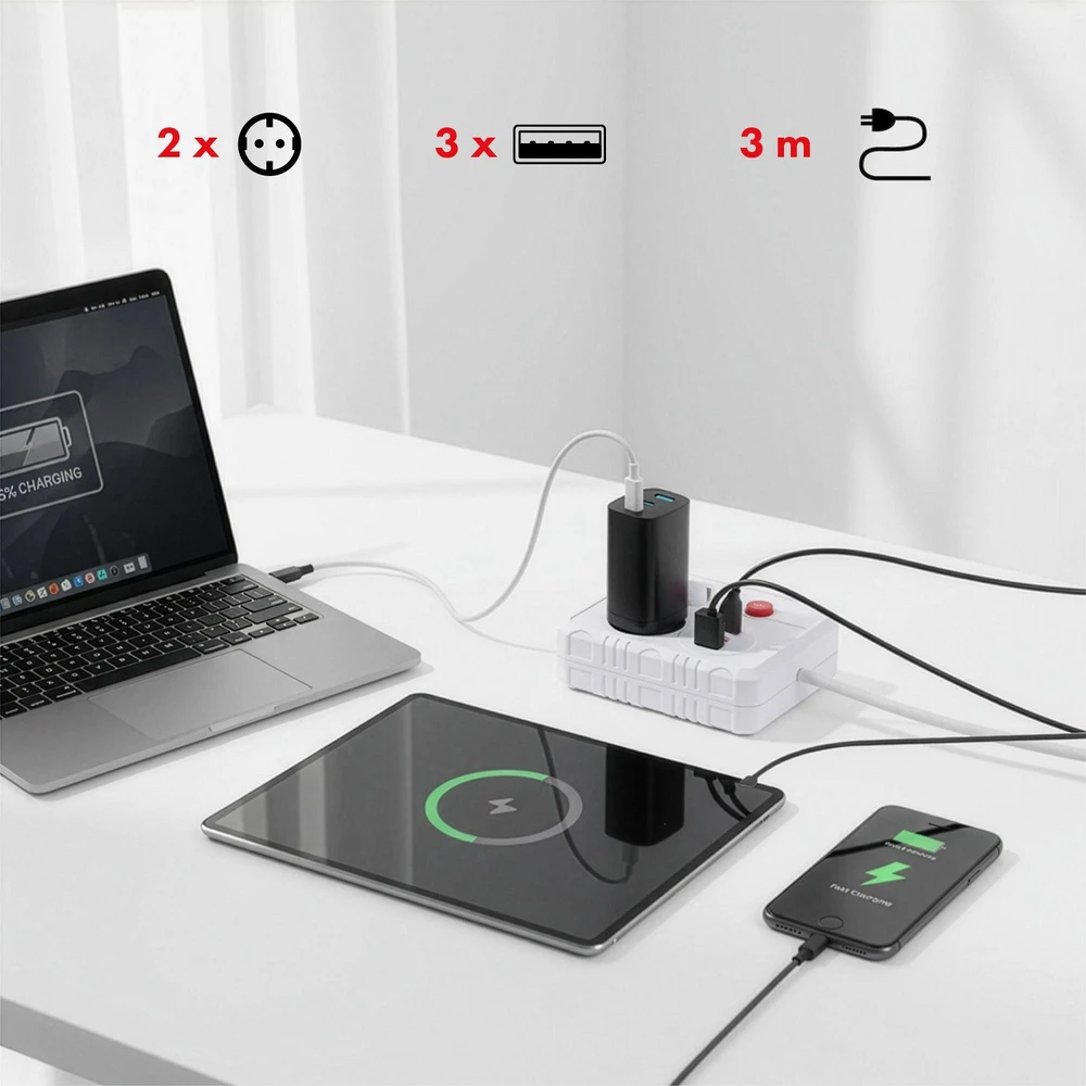 „Maclean“ maitinimo lizdas, ilgintuvas, 2 lizdai + 3xUSB, 110-240V AC 50/60Hz, 2.1A max 2500W, 3 m, baltas, MCE388 W