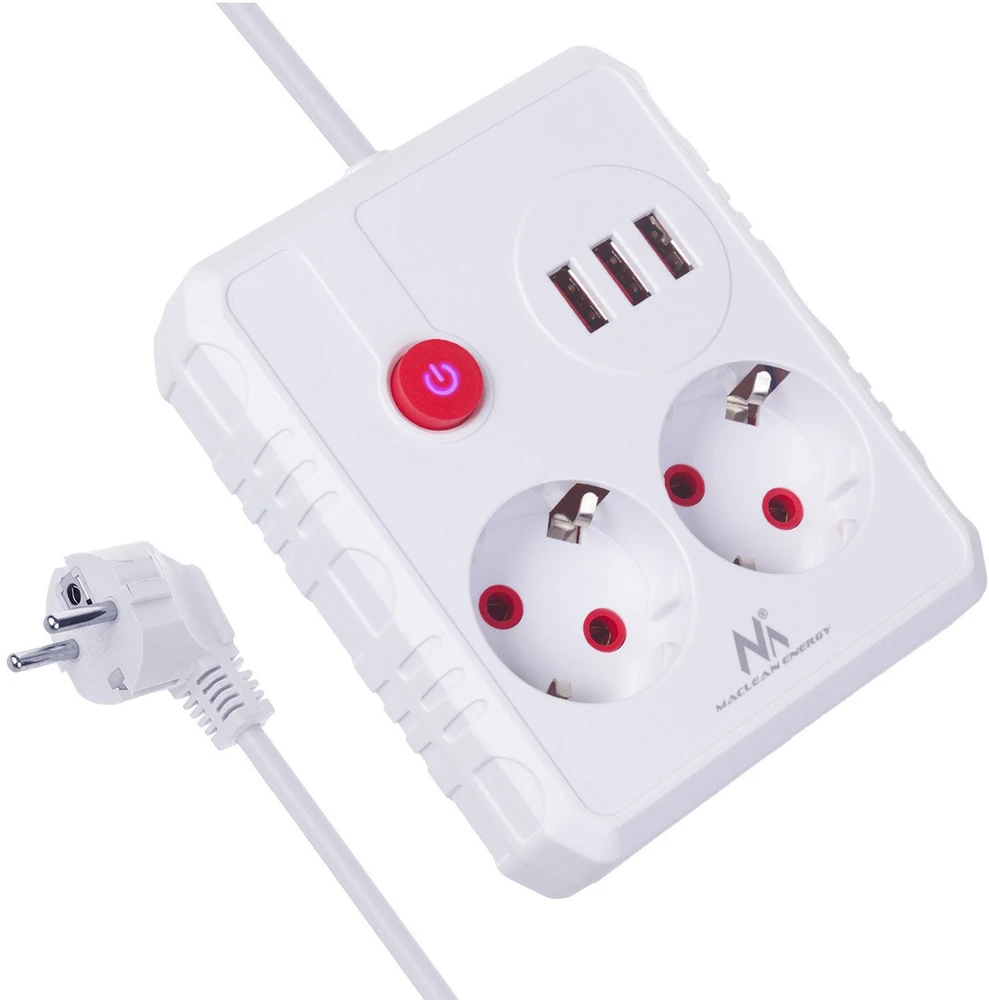 „Maclean“ maitinimo lizdas, ilgintuvas, 2 lizdai + 3xUSB, 110-240V AC 50/60Hz, 2.1A max 2500W, 3 m, baltas, MCE388 W