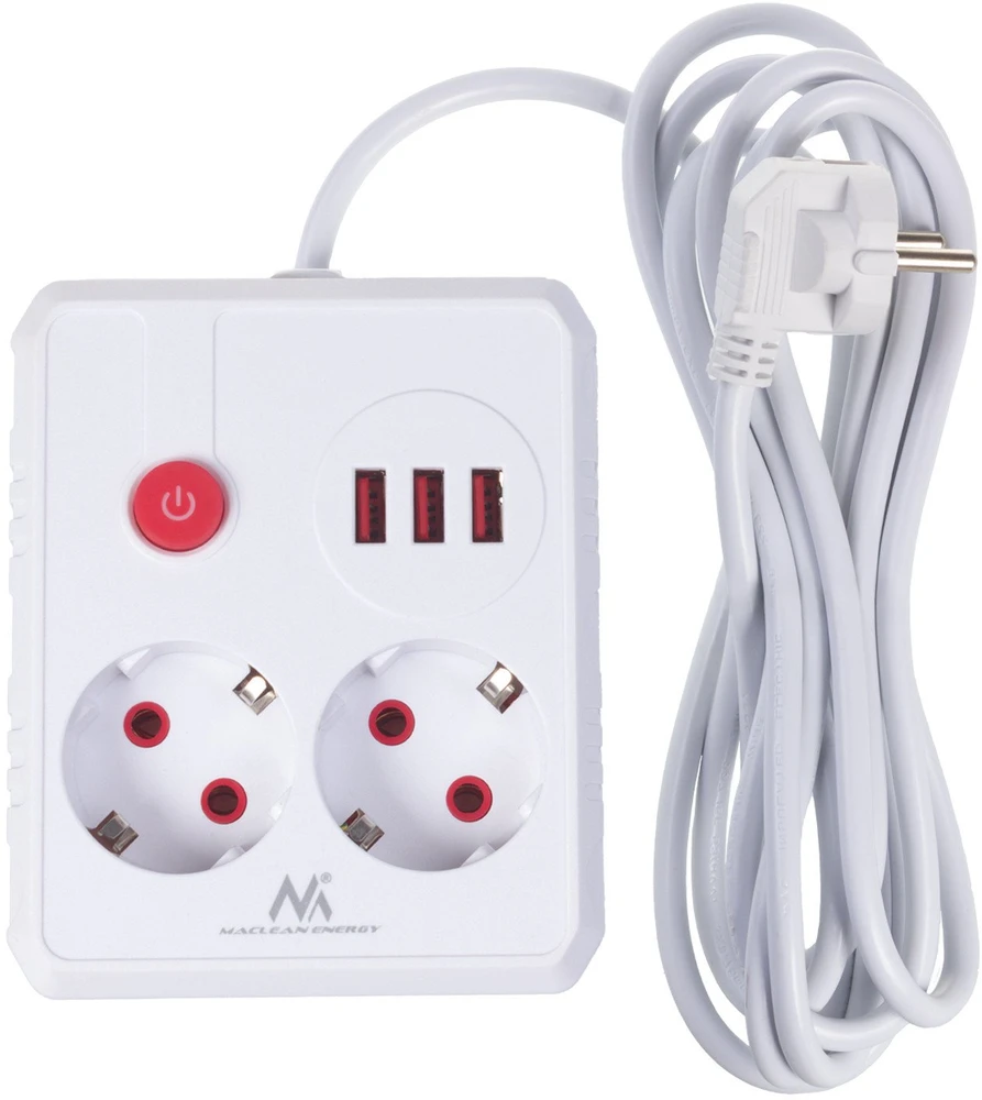 „Maclean“ maitinimo lizdas, ilgintuvas, 2 lizdai + 3xUSB, 110-240V AC 50/60Hz, 2.1A max 2500W, 3 m, baltas, MCE388 W