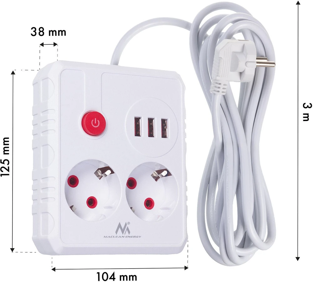 „Maclean“ maitinimo lizdas, ilgintuvas, 2 lizdai + 3xUSB, 110-240V AC 50/60Hz, 2.1A max 2500W, 3 m, baltas, MCE388 W