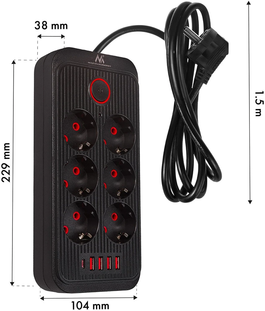 „Maclean“ maitinimo jungtis, 6 lizdų prailgintuvas + 4xUSB, 110-240V AC 50/60Hz, 2.1A max 2500W, 1.5 m, juodas, MCE389 B