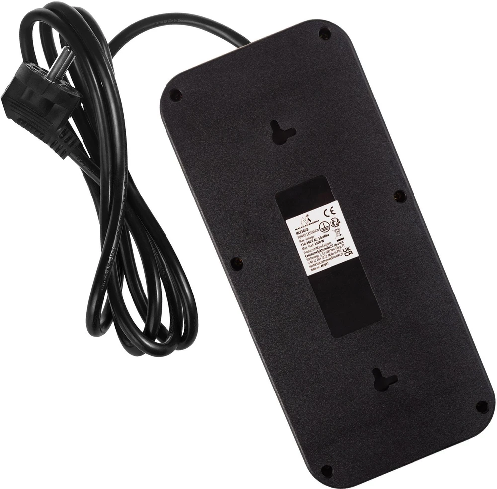 „Maclean“ maitinimo jungtis, 6 lizdų prailgintuvas + 4xUSB, 110-240V AC 50/60Hz, 2.1A max 2500W, 1.5 m, juodas, MCE389 B