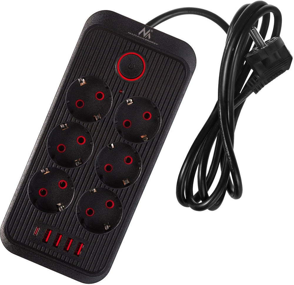 „Maclean“ maitinimo jungtis, 6 lizdų prailgintuvas + 4xUSB, 110-240V AC 50/60Hz, 2.1A max 2500W, 1.5 m, juodas, MCE389 B