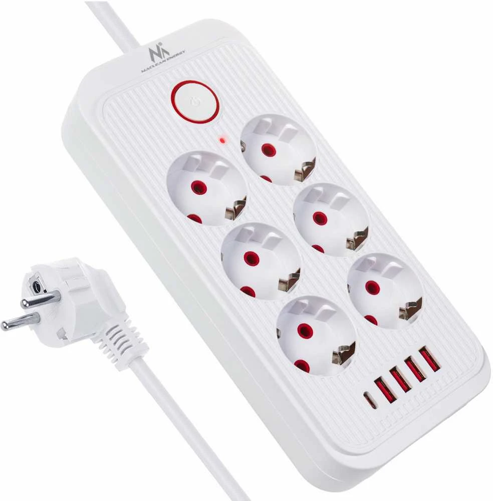 „Maclean“ maitinimo jungtis, 6 lizdų prailgintuvas + 4xUSB, 110-240V AC 50/60Hz, 2.1A max 2500W, 1.5 m, baltas, MCE389 W