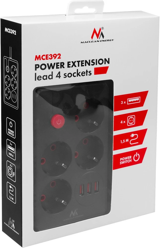 „Maclean“ maitinimo laidas, 4 lizdų prailginimo laidas + 3xUSB, 110-240V AC 50/60Hz, 2.1A max 2500W, 1.5m, juodas, MCE392 B