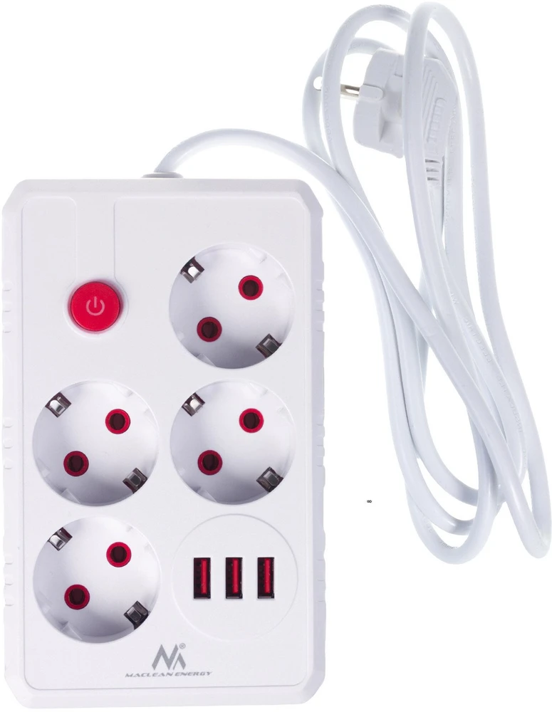 „Maclean“ maitinimo laidas, 4 lizdų prailginimo laidas + 3xUSB, 110–240 V AC 50/60 Hz, 2,1 A maks. 2500 W, 1,5 m, baltas, MCE392 W