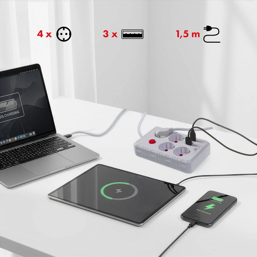 „Maclean“ maitinimo laidas, 4 lizdų prailginimo laidas + 3xUSB, 110–240 V AC 50/60 Hz, 2,1 A maks. 2500 W, 1,5 m, baltas, MCE392 W