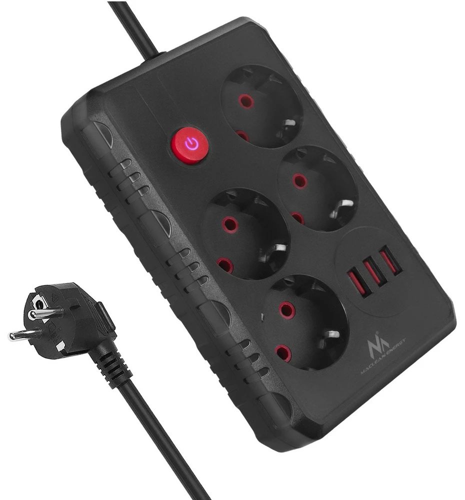 „Maclean“ maitinimo laidas, 4 lizdų prailginimo laidas + 3xUSB, 110-240V AC 50/60Hz, 2.1A max 2500W, 1.5m, juodas, MCE392 B