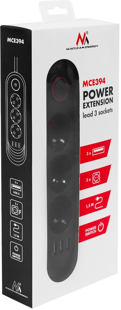 „Maclean“ maitinimo laidas, 3 lizdų prailginimo laidas + 3xUSB, 110-240V AC 50/60Hz, 2.1A max 2500W, 1.5m, juodas, MCE394 B