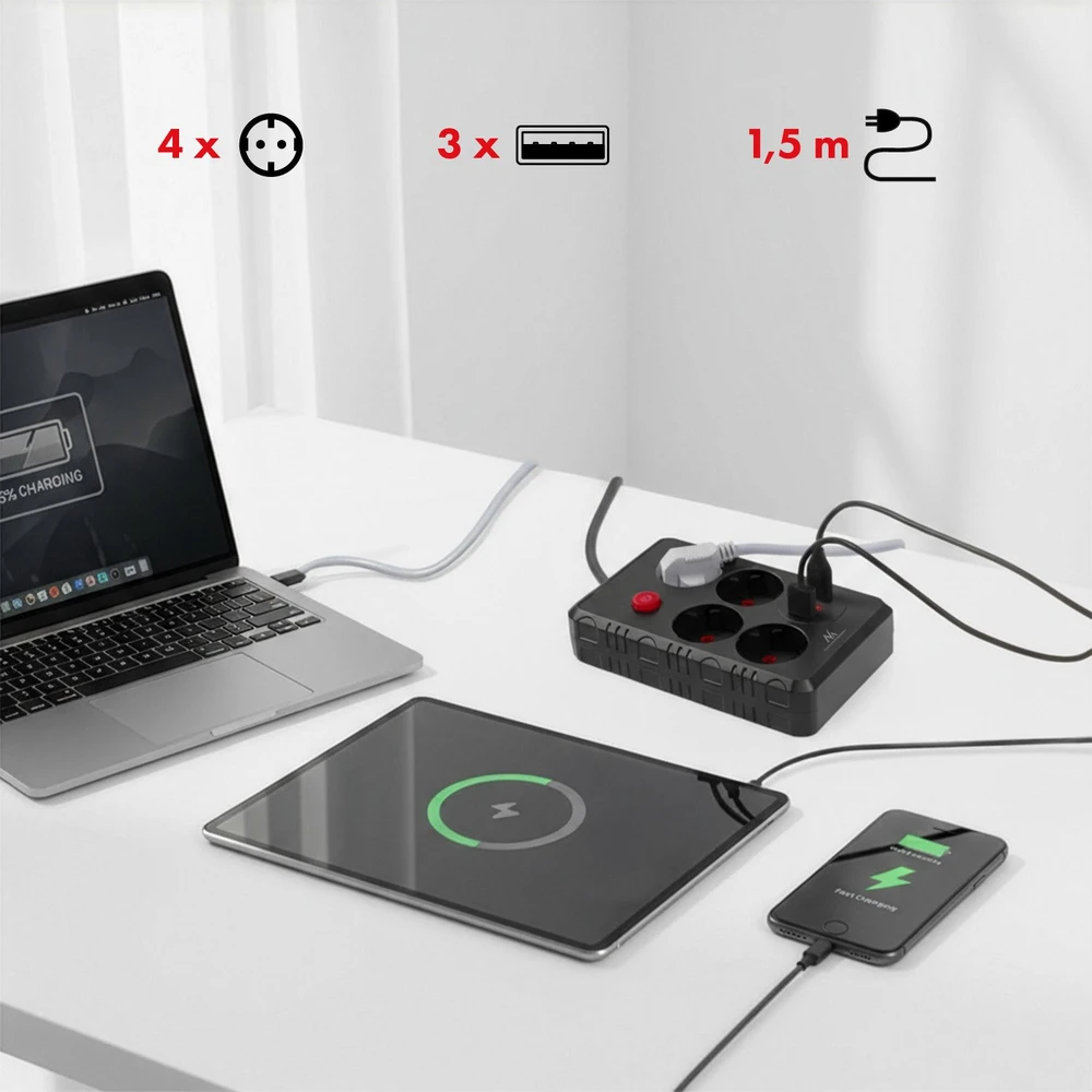 „Maclean“ maitinimo laidas, 4 lizdų prailginimo laidas + 3xUSB, 110-240V AC 50/60Hz, 2.1A max 2500W, 1.5m, juodas, MCE392 B