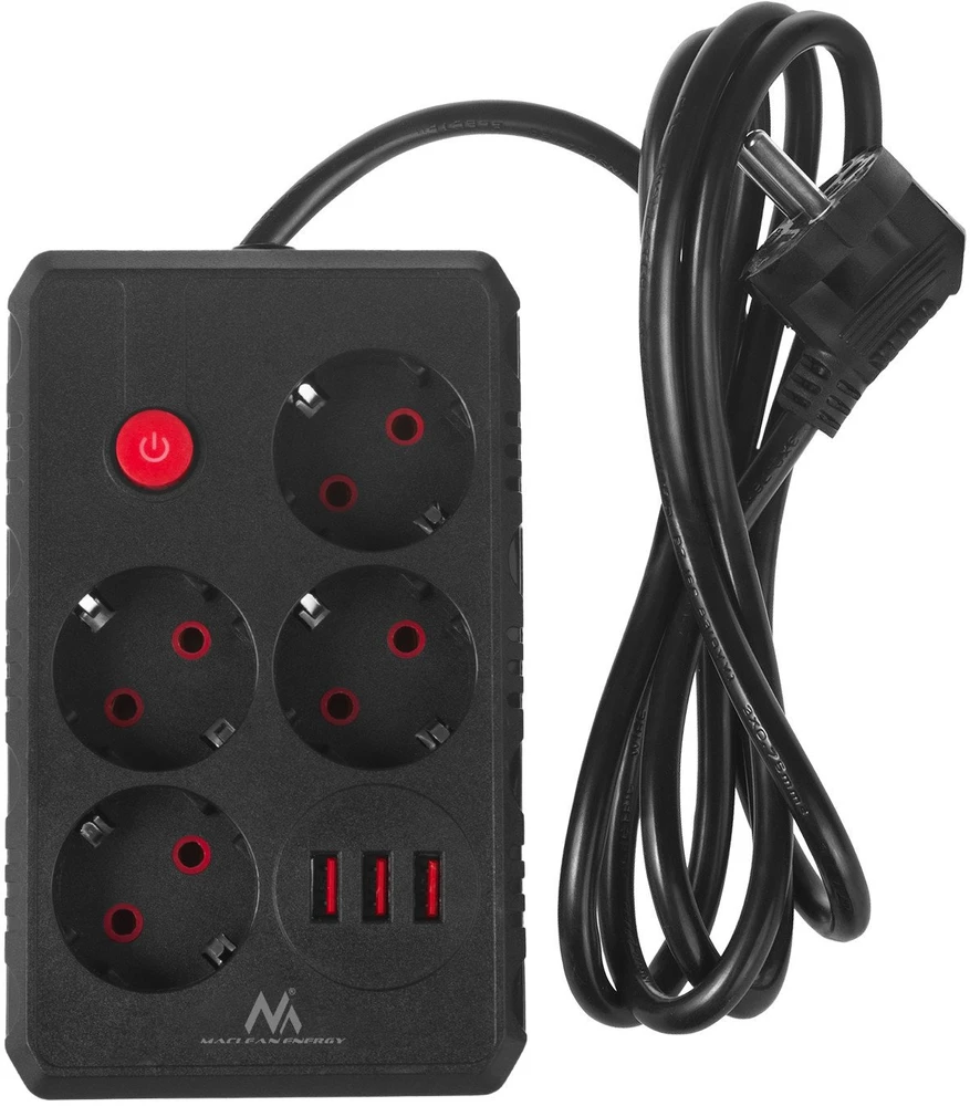„Maclean“ maitinimo laidas, 4 lizdų prailginimo laidas + 3xUSB, 110-240V AC 50/60Hz, 2.1A max 2500W, 1.5m, juodas, MCE392 B